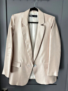 Zara Metallic Thread Long Blazer Women's Cream Size Medium